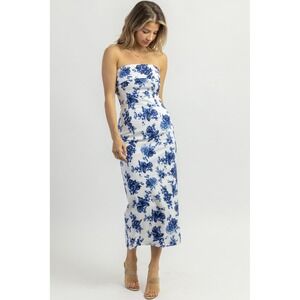 Mable Smitten Blue and White Strapless Midi Dress Medium Floral Cottage Wedding